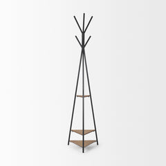 Everett Matte Black Metal with Two Wood Shelves Coat Rack