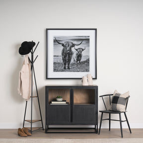 Everett Matte Black Metal with Two Wood Shelves Coat Rack