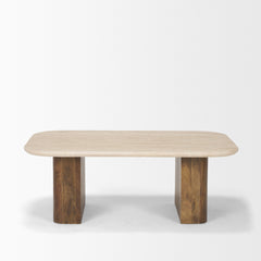 Symona Medium Brown Travertine and Mango Wood Rectangle Coffee Table