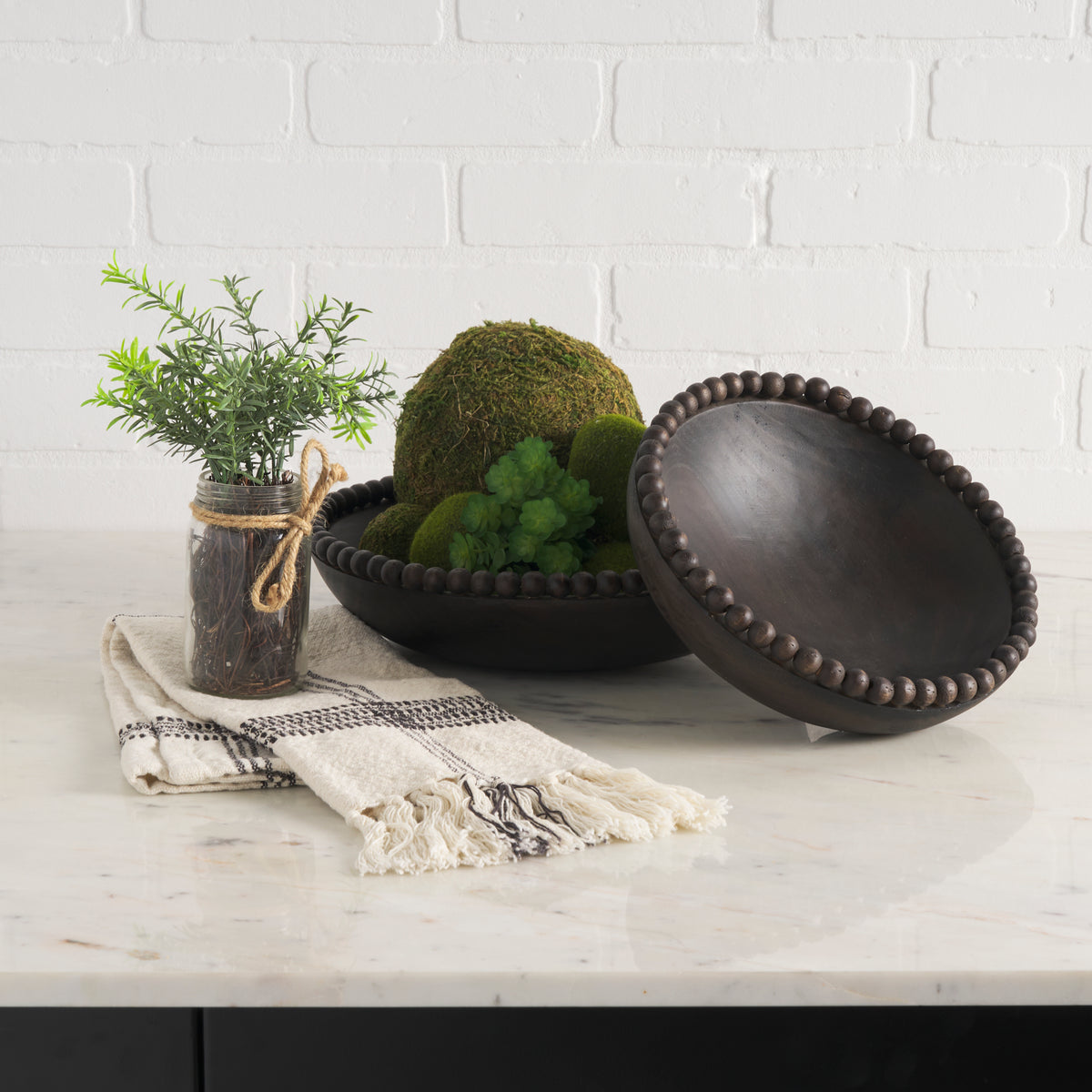 Wendell Dark Brown Wood with Wood Beads Round Bowls