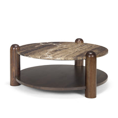Jovia Brown/Cappuccino Mango Wood Marble Round Coffee Table
