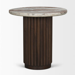 Marbrello Pink/Brown Marble Top Espresso Fluted Wood Round Side Table