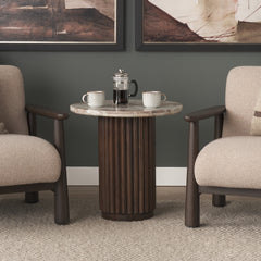 Marbrello Pink/Brown Marble Top Espresso Fluted Wood Round Side Table