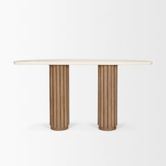 Marbrello Light Brown Botticino Marble Top Fluted Wood Half Moon Console Table