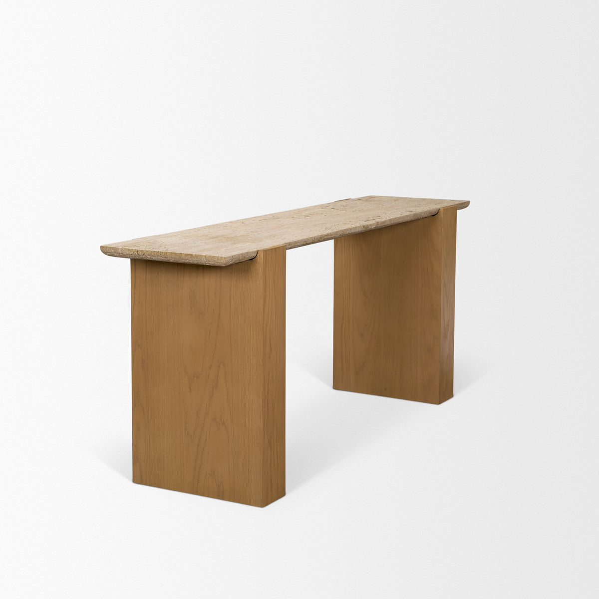 Milos Light Brown Travertine Top Oak Wood Console Table