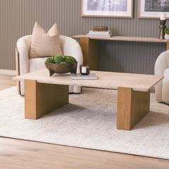 Milos Light Brown Travertine Top Oak Wood Coffee Table