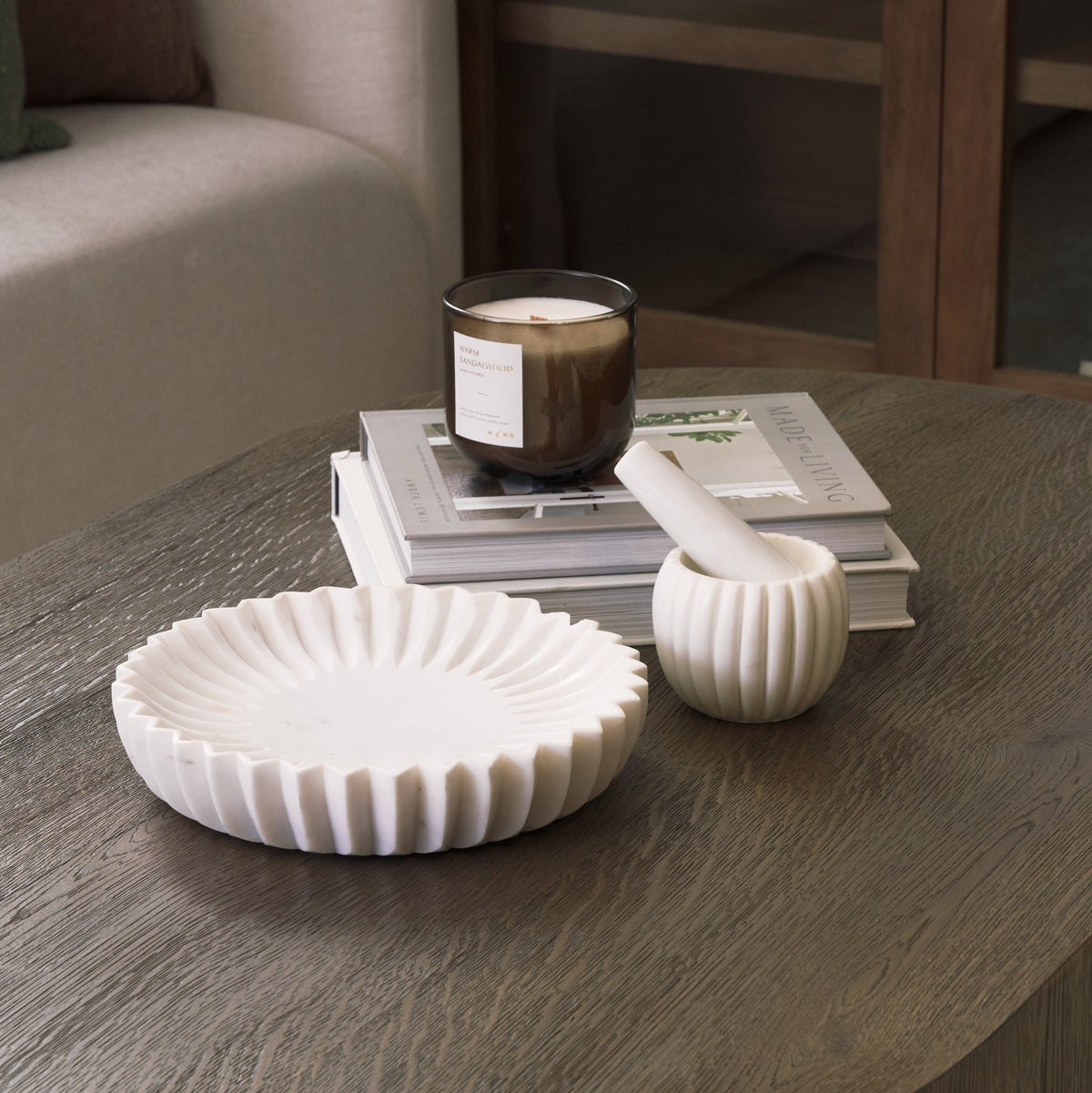 Fiora White Round Marble Scalloped Decorative Bowl