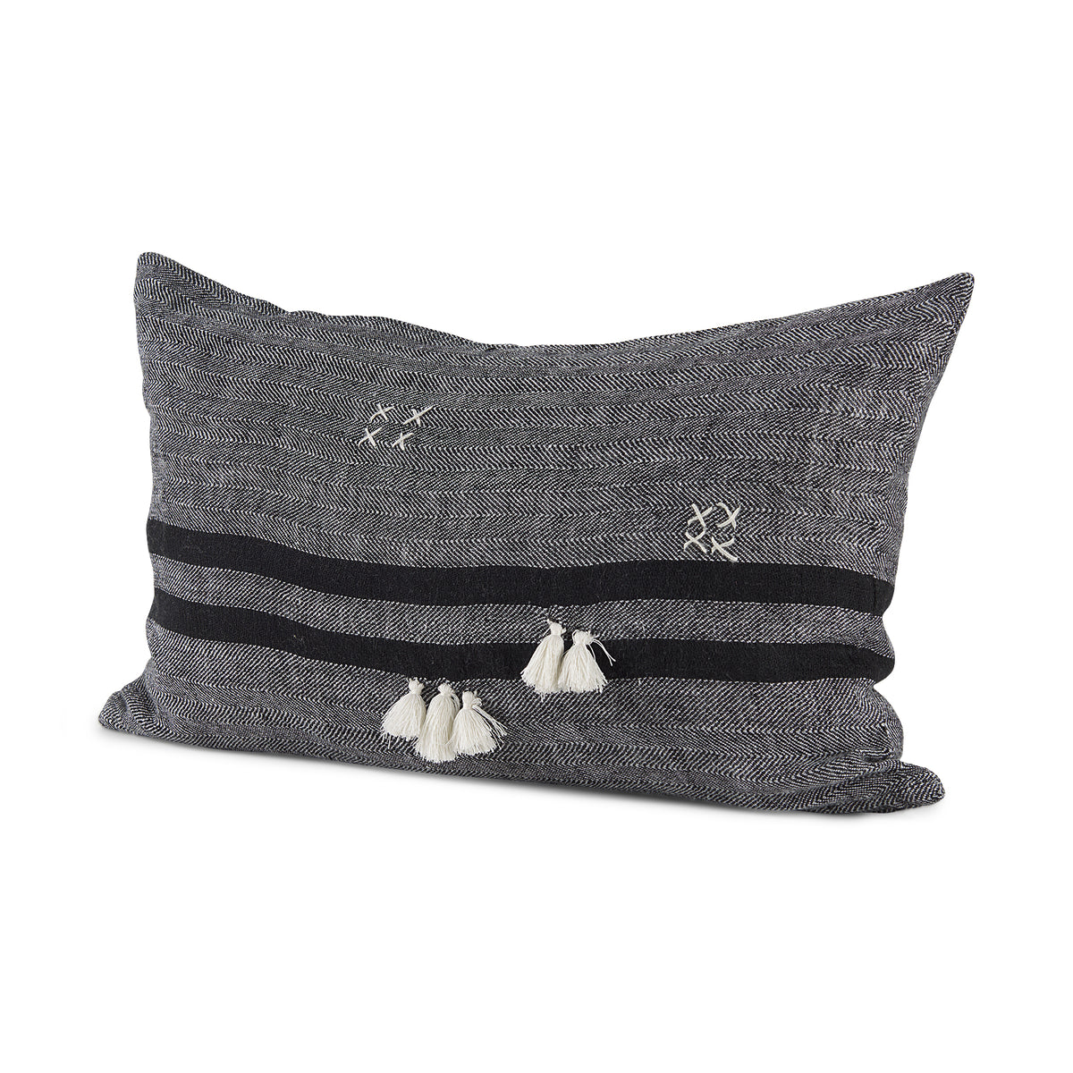 Sibyl Black/White 13x21 Fabric Striped and Fringed Pillow Cover with Non-Allergen Filler (Set of 2)