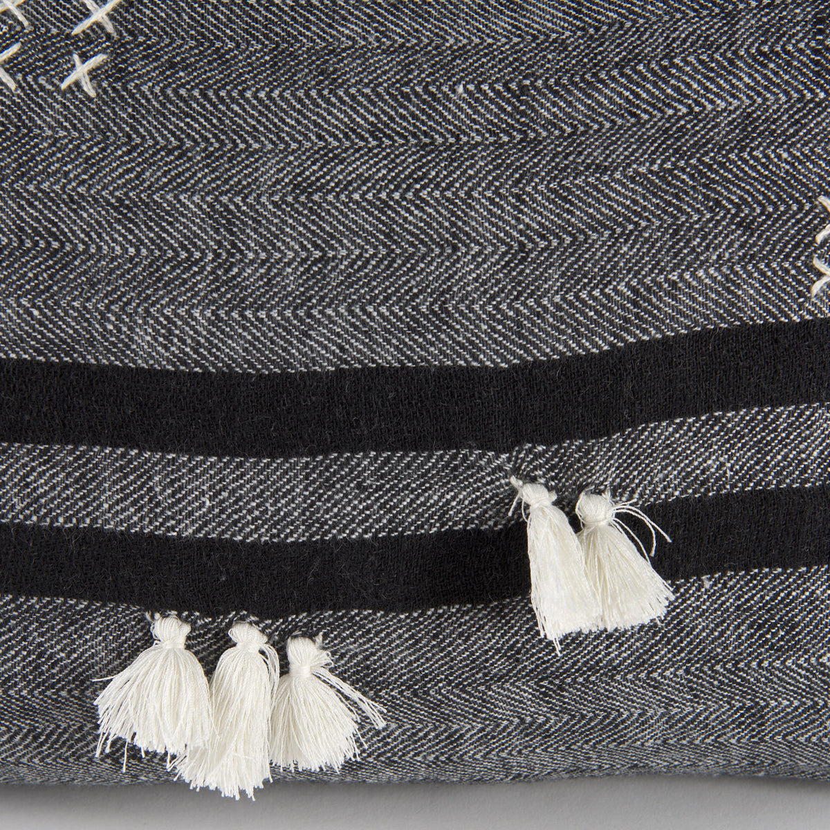 Sibyl Black/White 13x21 Fabric Striped and Fringed Pillow Cover with Non-Allergen Filler (Set of 2)