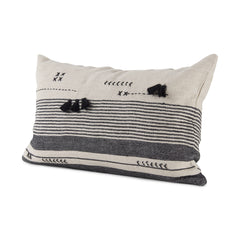 Thalia Black/Beige 13x21 Fabric Striped with Fringe Pillow Cover with Non-Allergen Filler (Set of 2)