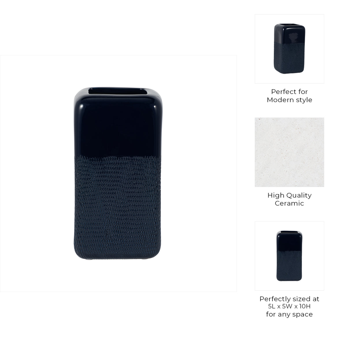 Coromar Navy Blue Small Ceramic Squared Grooved Vase