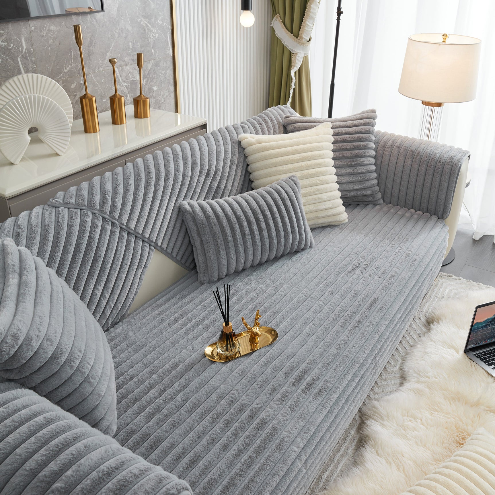 Winter Thickened Rabbit Plush Non-slip Sofa Cushion, Faux Fur Fluffy Furniture Protector