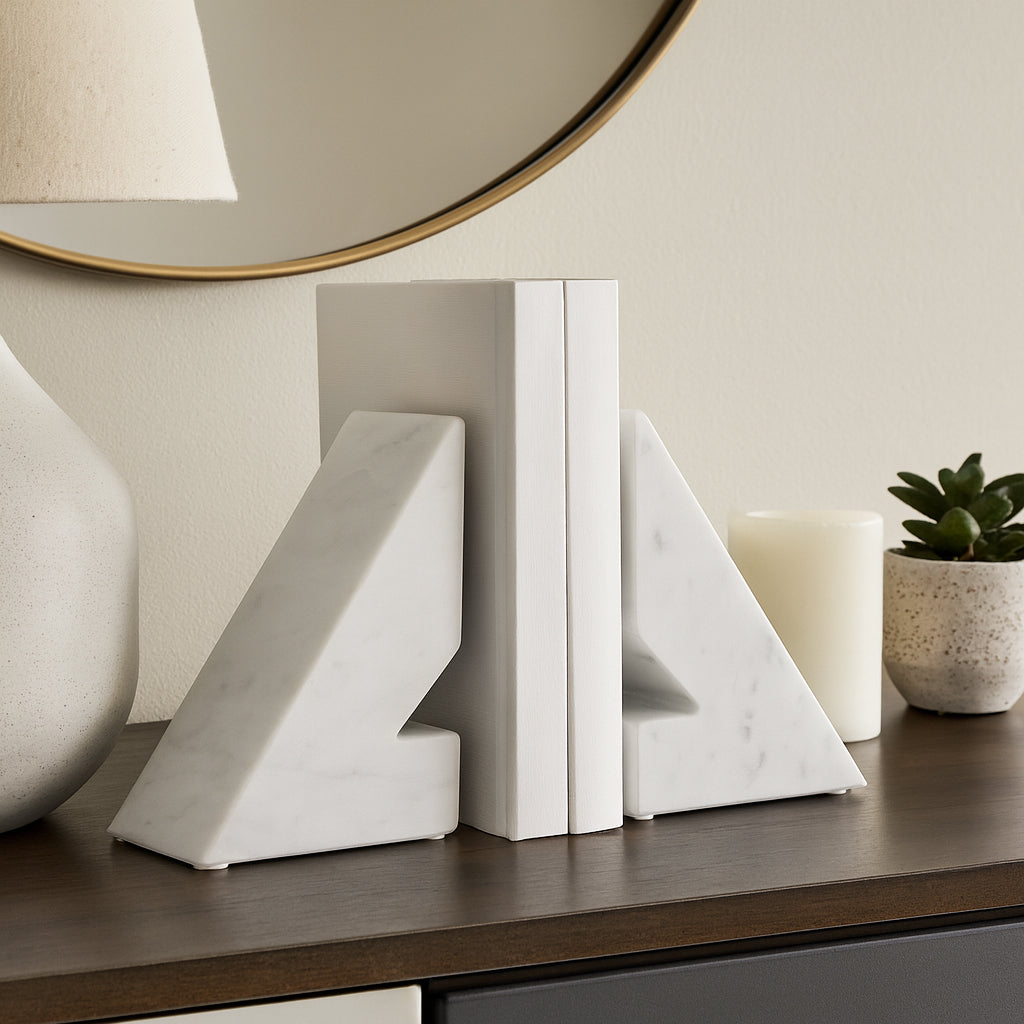 Vestil White Marble Right Triangle Bookends (Set of 2)