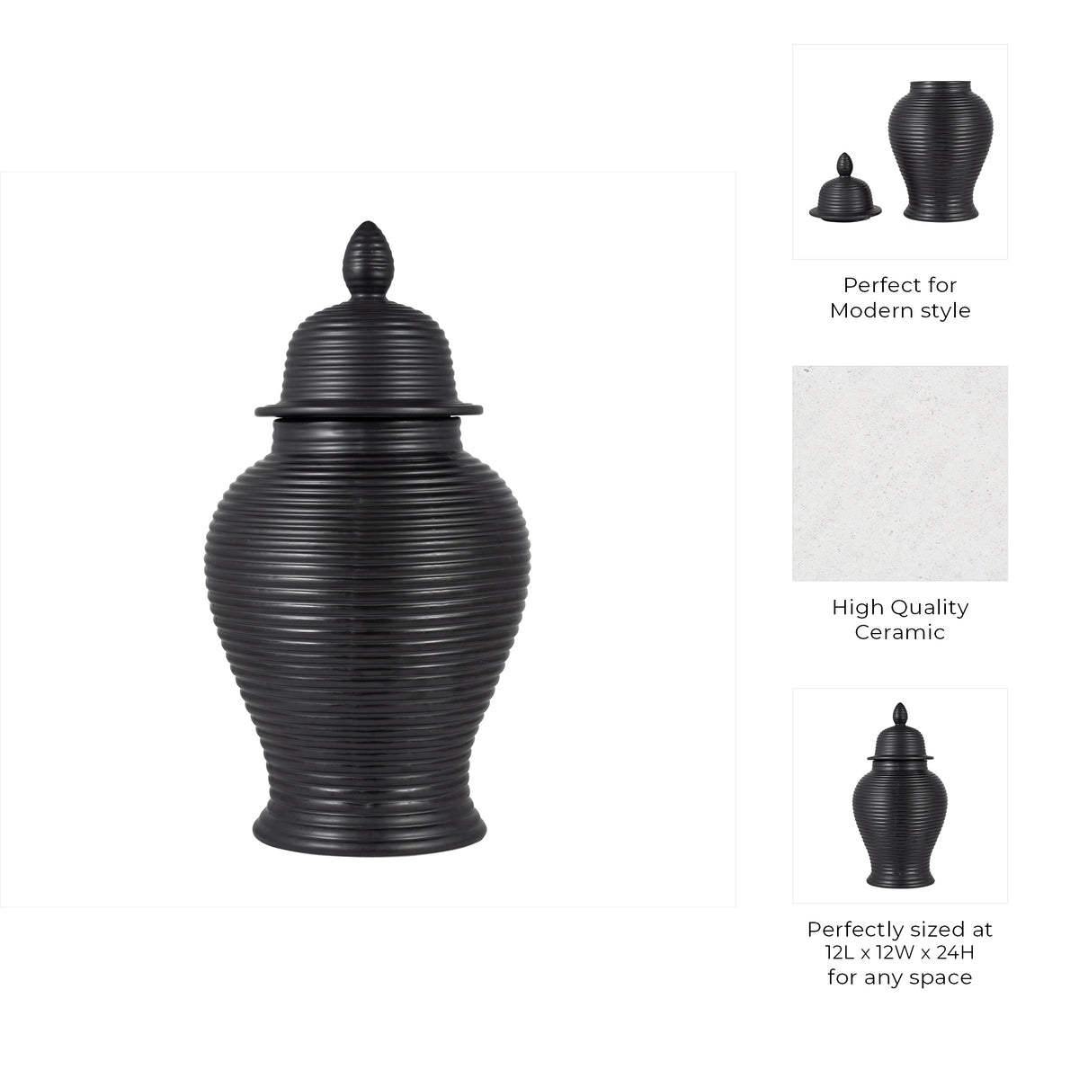 Owenshaw Black Ceramic Ribbed Temple Jar
