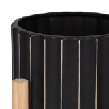 Doyle Black Ceramic Fluted Planter with Wood Stand