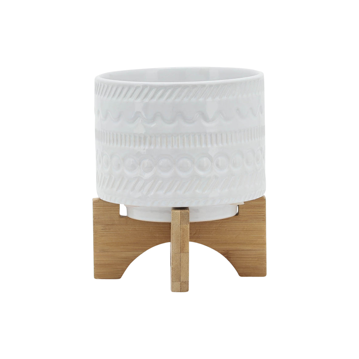 Crest White Tribal Planter with Wood Stand