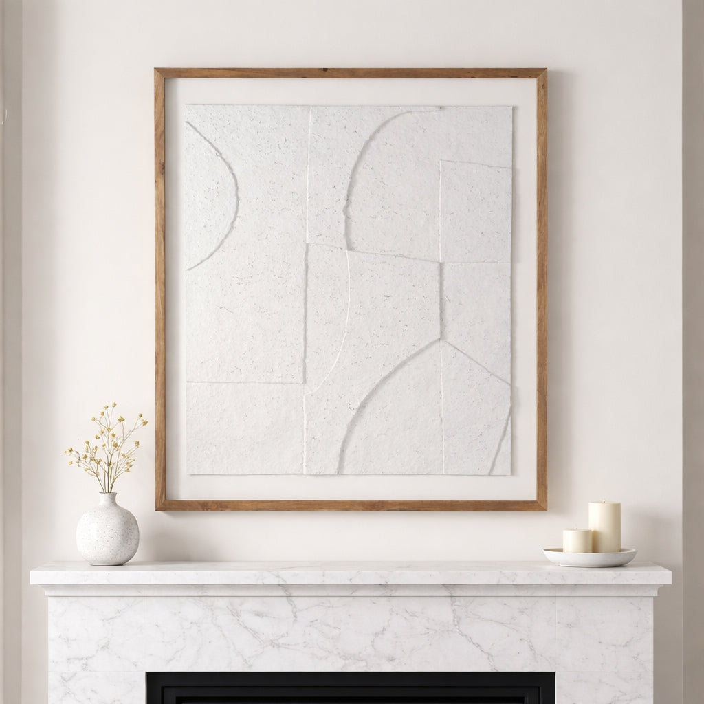 Big Pines White/Brown Paper Mache Wall Art with Wooden Frame and Glass