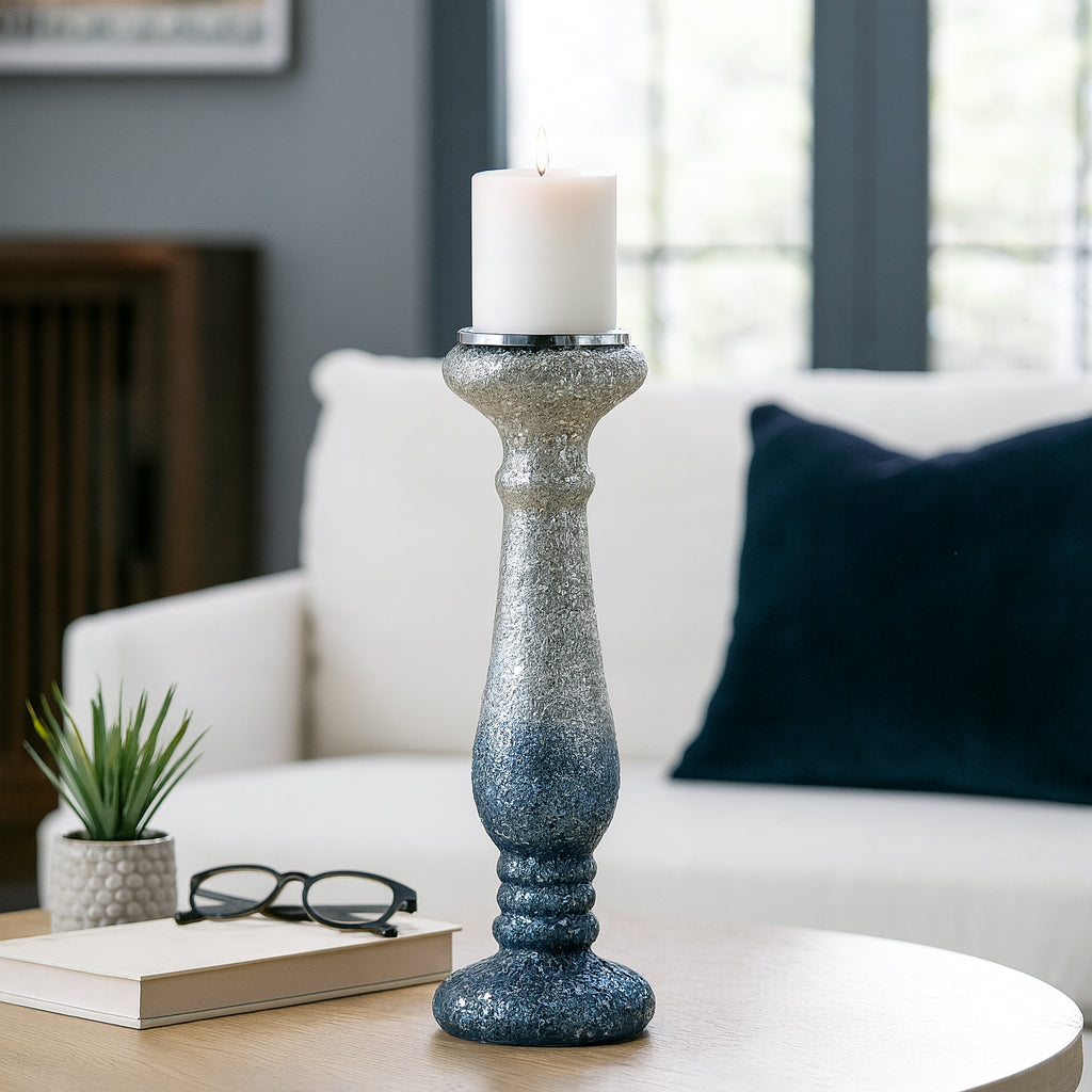 Woodman Silver/Blue Crackle Candle Holder