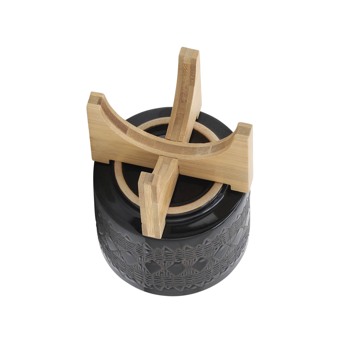 Electra Black Ceramic Aztec Planter on Wooden Stand