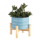 Alisal Sky Blue Small Striped Planter with Wood Stand
