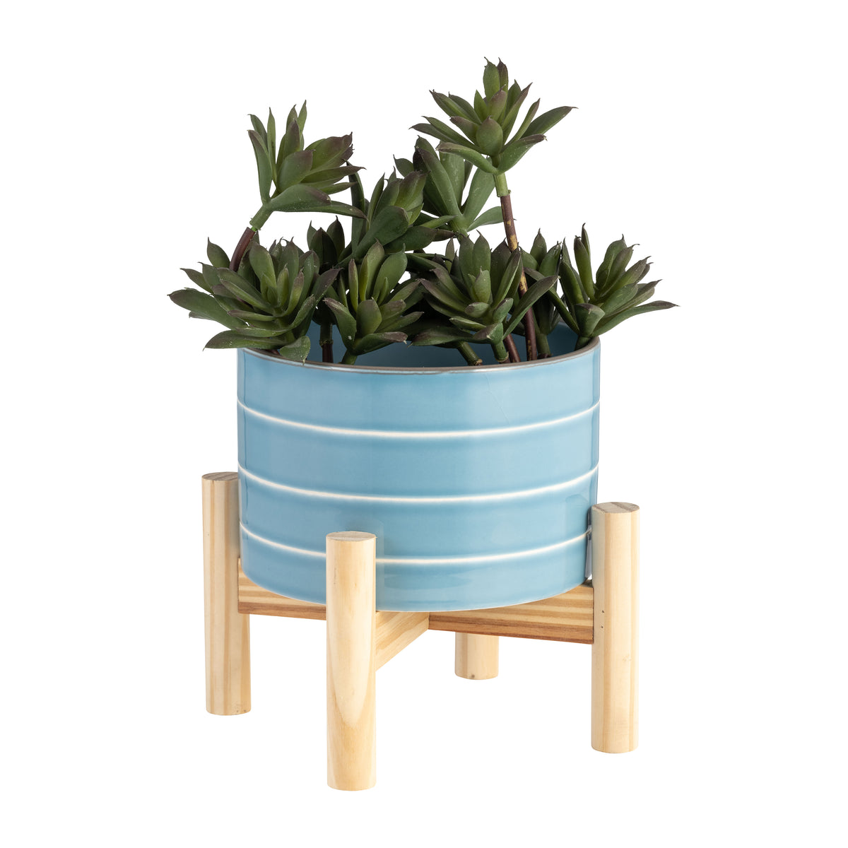 Alisal Sky Blue Small Striped Planter with Wood Stand