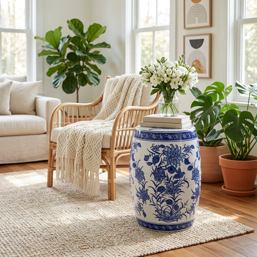 Hunterdale Blue/White Ceramic Pinwheel Flower Chinoiserie Stool
