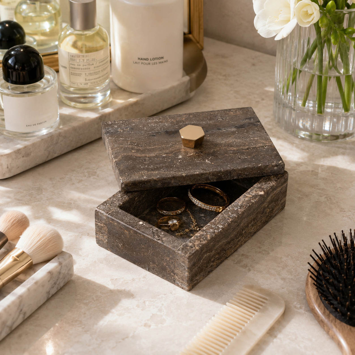 Southgate Gray/Brown Dark Travertine Marble Box with Metal Knob