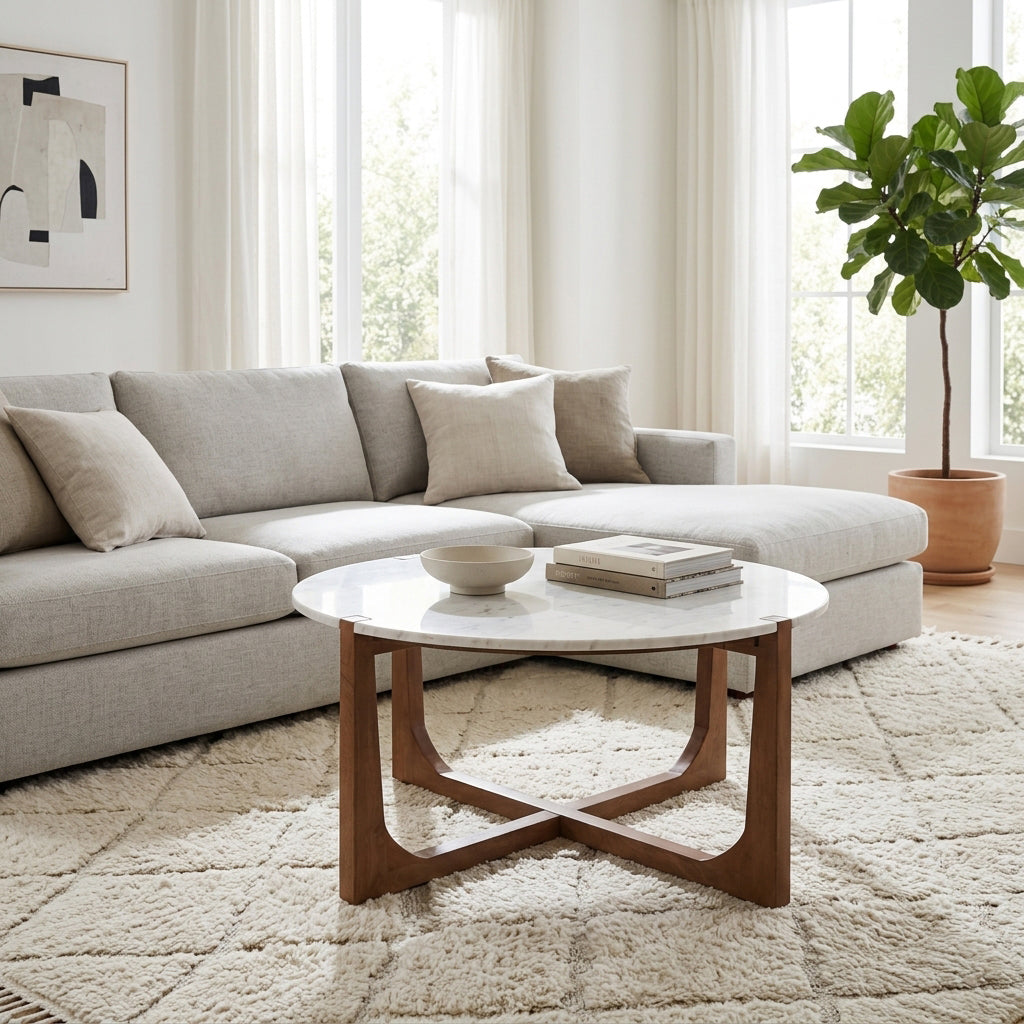 Keystone White/Brown Modern Coffee Table with Marble Top