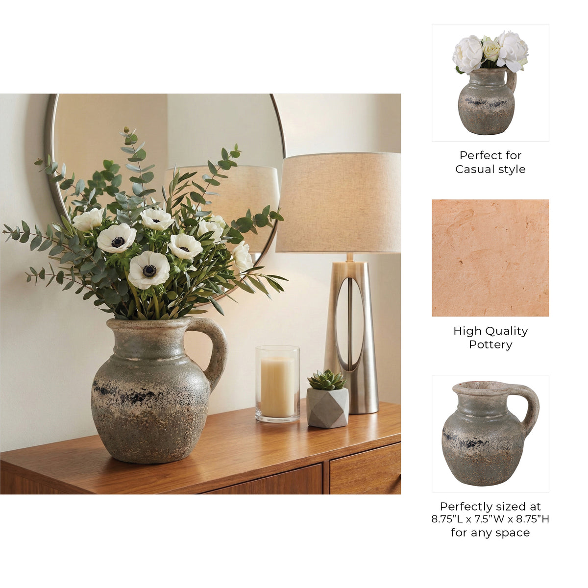Shermangrove Ivory/Green Terracotta Jug with Handle