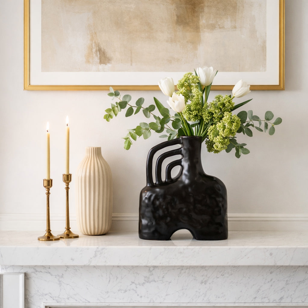 Rowen Black Ceramic Metallic Triple Handle Vase