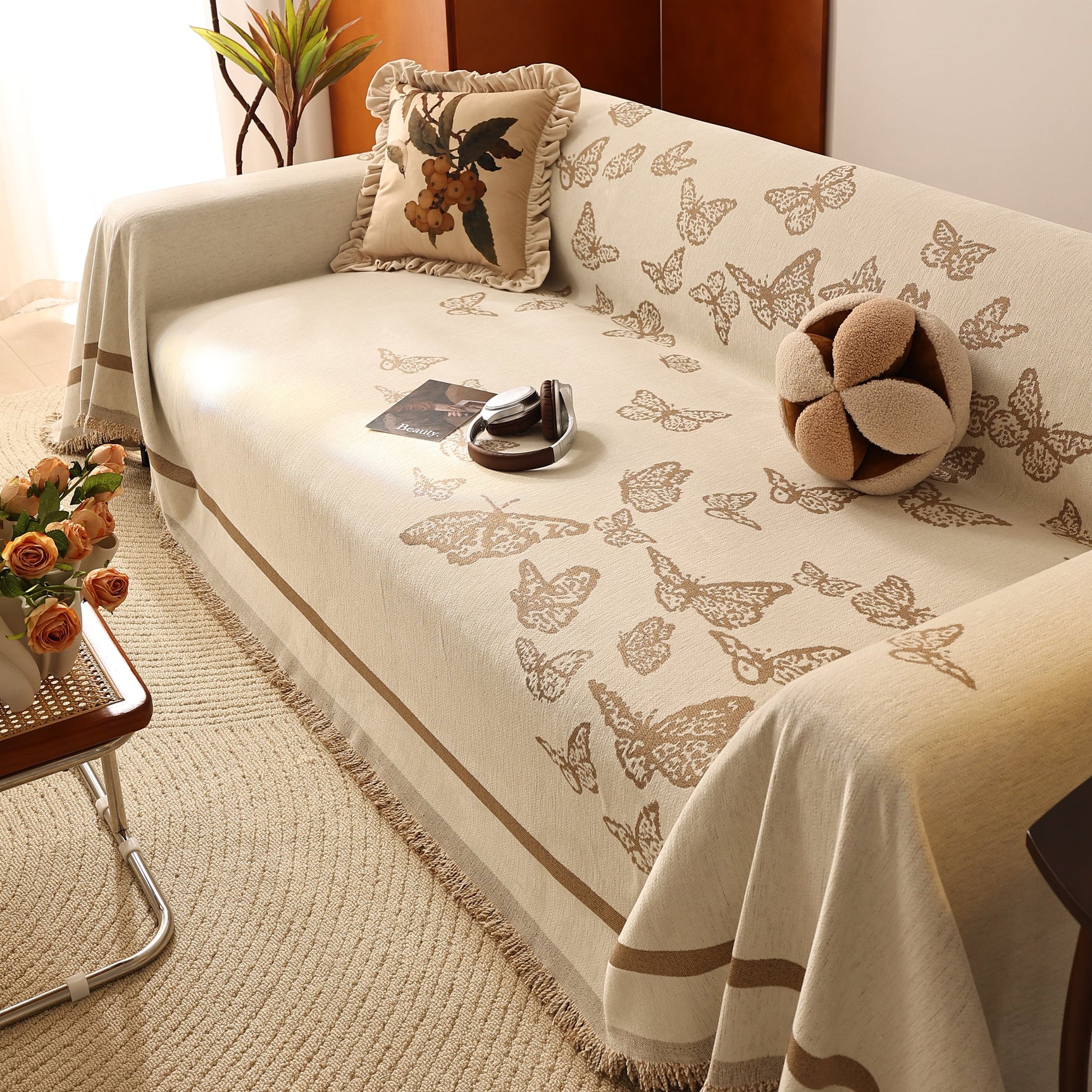 Butterfly Jacquard Soft Couch Blankets Cover for Couch Reversible Modern Sofa Slipcover Throw Covers