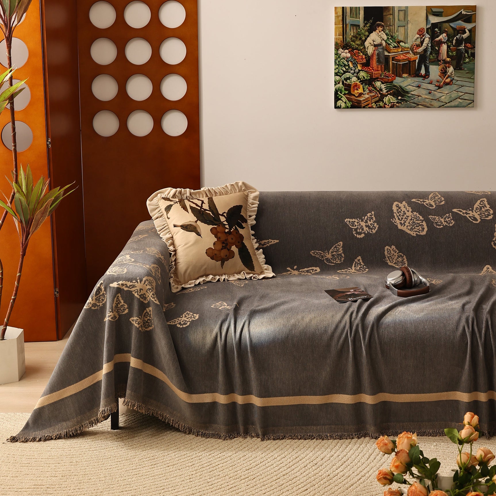 Butterfly Jacquard Soft Couch Blankets Cover for Couch Reversible Modern Sofa Slipcover Throw Covers