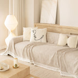 Sofa Cover Throw with Lace Trim & Pom-Pom Fringe, Decorative Couch Cover Blanket