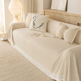 Sofa Cover Throw with Lace Trim & Pom-Pom Fringe, Decorative Couch Cover Blanket