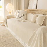 Sofa Cover Throw with Lace Trim & Pom-Pom Fringe, Decorative Couch Cover Blanket