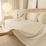 Sofa Cover Throw with Lace Trim & Pom-Pom Fringe, Decorative Couch Cover Blanket