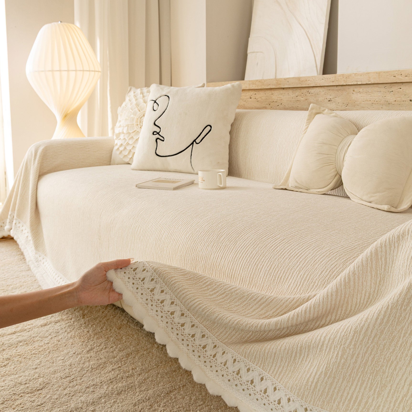 Sofa Cover Throw with Lace Trim & Pom-Pom Fringe, Decorative Couch Cover Blanket