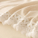 Sofa Cover Throw with Lace Trim & Pom-Pom Fringe, Decorative Couch Cover Blanket