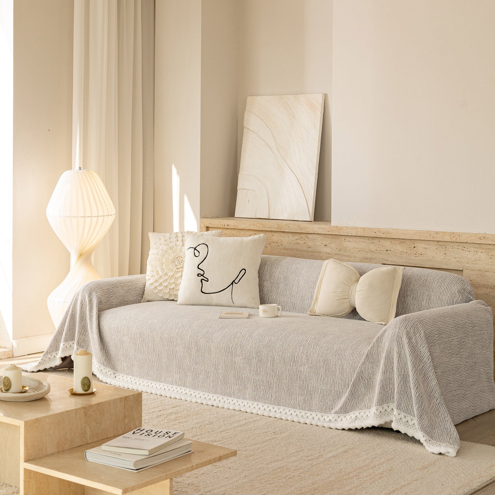 Sofa Cover Throw with Lace Trim & Pom-Pom Fringe, Decorative Couch Cover Blanket