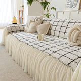 Grid Sofa Cover with Ruffle Skirt – Soft, Decorative, Full-Cover Couch Protector