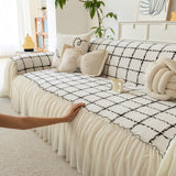 Grid Sofa Cover with Ruffle Skirt – Soft, Decorative, Full-Cover Couch Protector