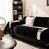 Jacquard Floral Band Sofa Cover with Tassels, Thick Textured Couch Throw Blanket