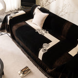 Jacquard Floral Band Sofa Cover with Tassels, Thick Textured Couch Throw Blanket