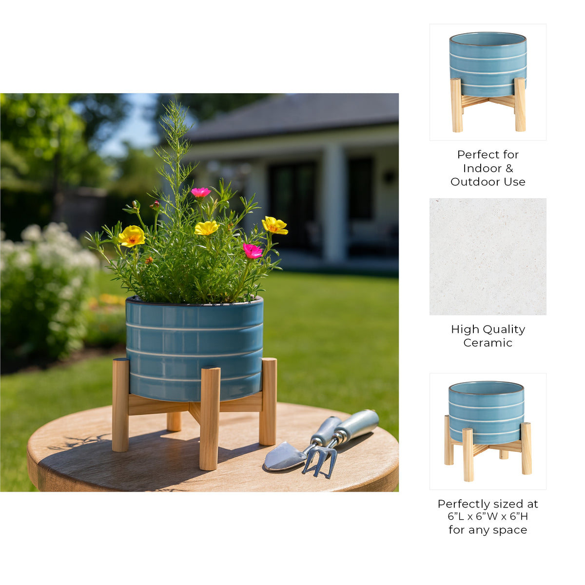 Alisal Sky Blue Small Striped Planter with Wood Stand