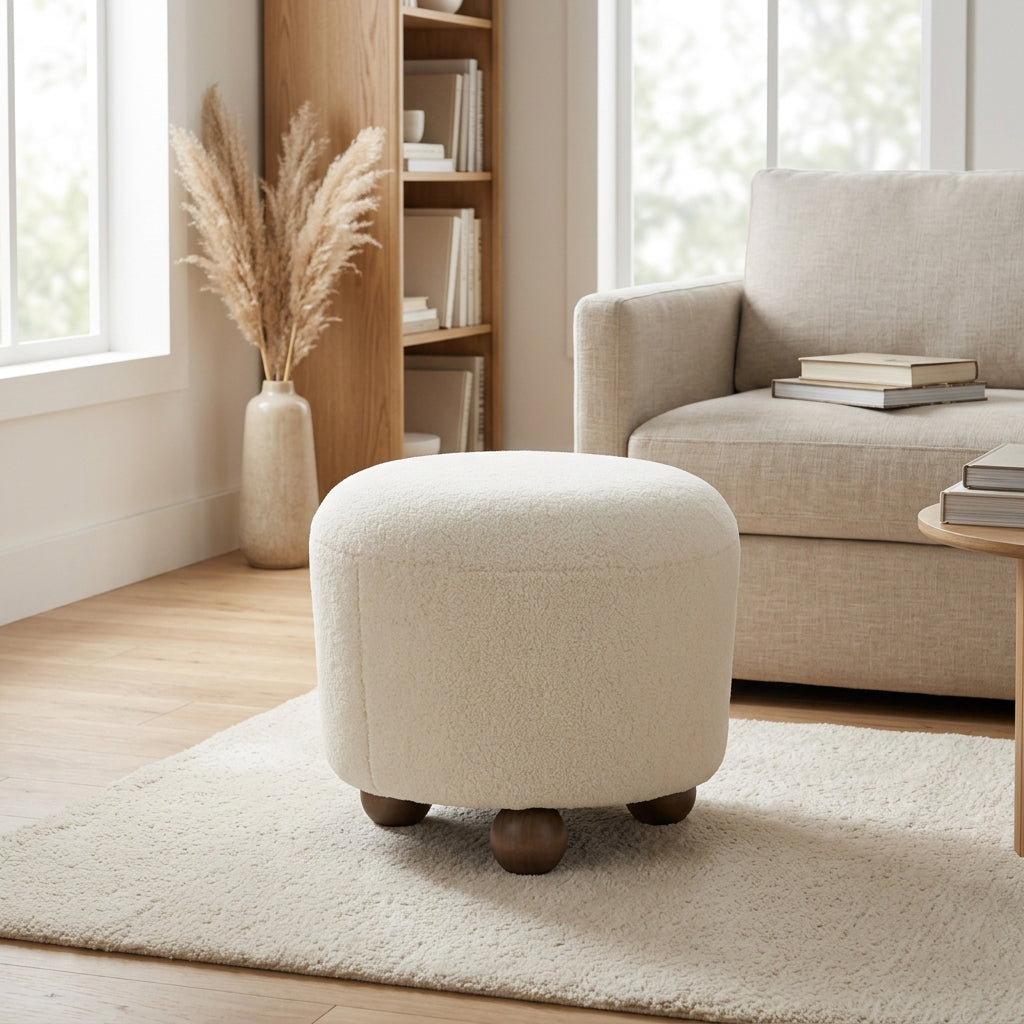 Conant Beige Round Ottoman with Ball Feet