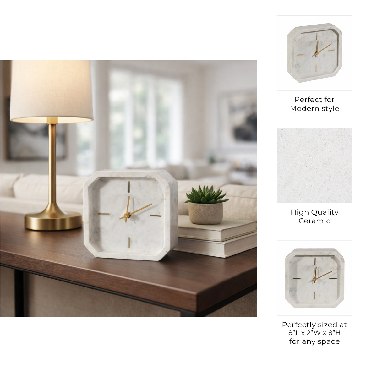 Valestone White/Gold Large Marble Octagon Clock