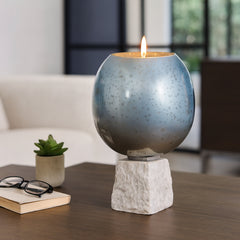 Presswood Aqua/White Small Glass Bowl Pillar Holder with Marble Base
