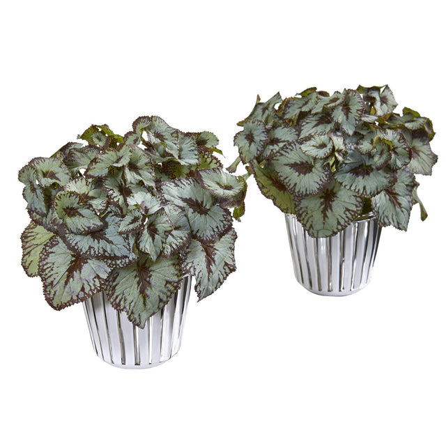 10” Begonia Artificial Plant in White and Silver Trimmed Vase (Set of 2) - Ornate Home