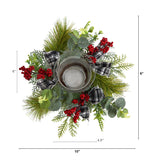 10” Evergreen Pine and Red Berries Artificial Christmas Candelabrum with Decorative Bows