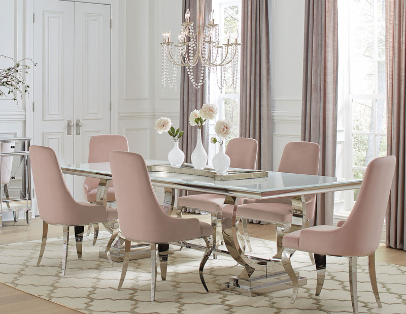 Antoine Light Pink White Glass 7-piece Dining Room Set - Ornate Home